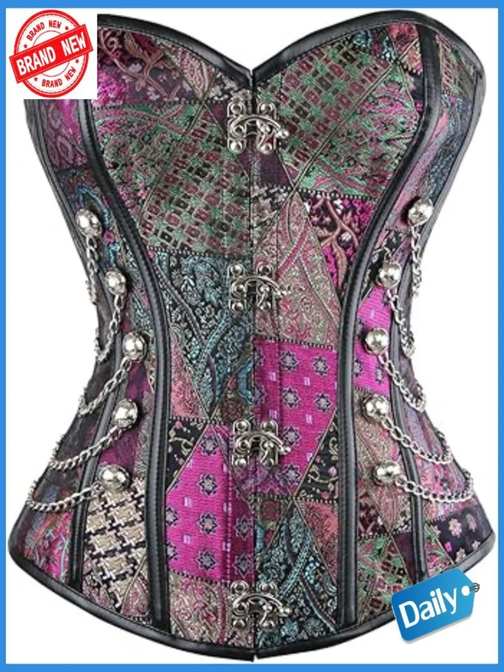 Spiral Steel Boned Steampunk Gothic Corset Bustier with Chains